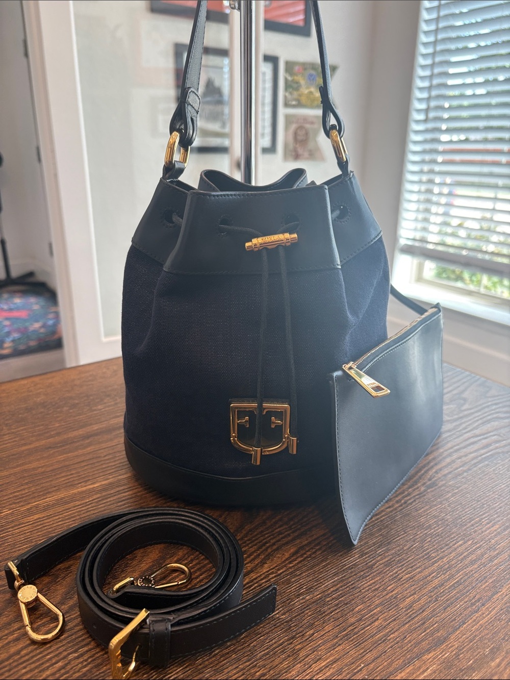 FURLA Corona S Denim and Leather Bucket Bag - Navy/Black EUC - Picture 10 of 11